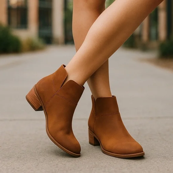 Anthropologie Seycheffe Womens Brown Suede Notched SlipOn Ankle Boots Size 6.5 - Picture 1 of 6